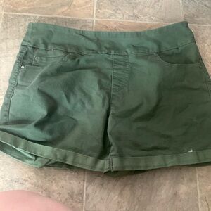 Khaki green shorts, low to mid-rise.